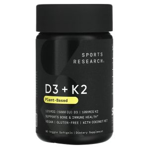 Sports Research, витамины D3 и K2, растительная добавка, 125 мкг/100 мкг, 60 растительных капсул